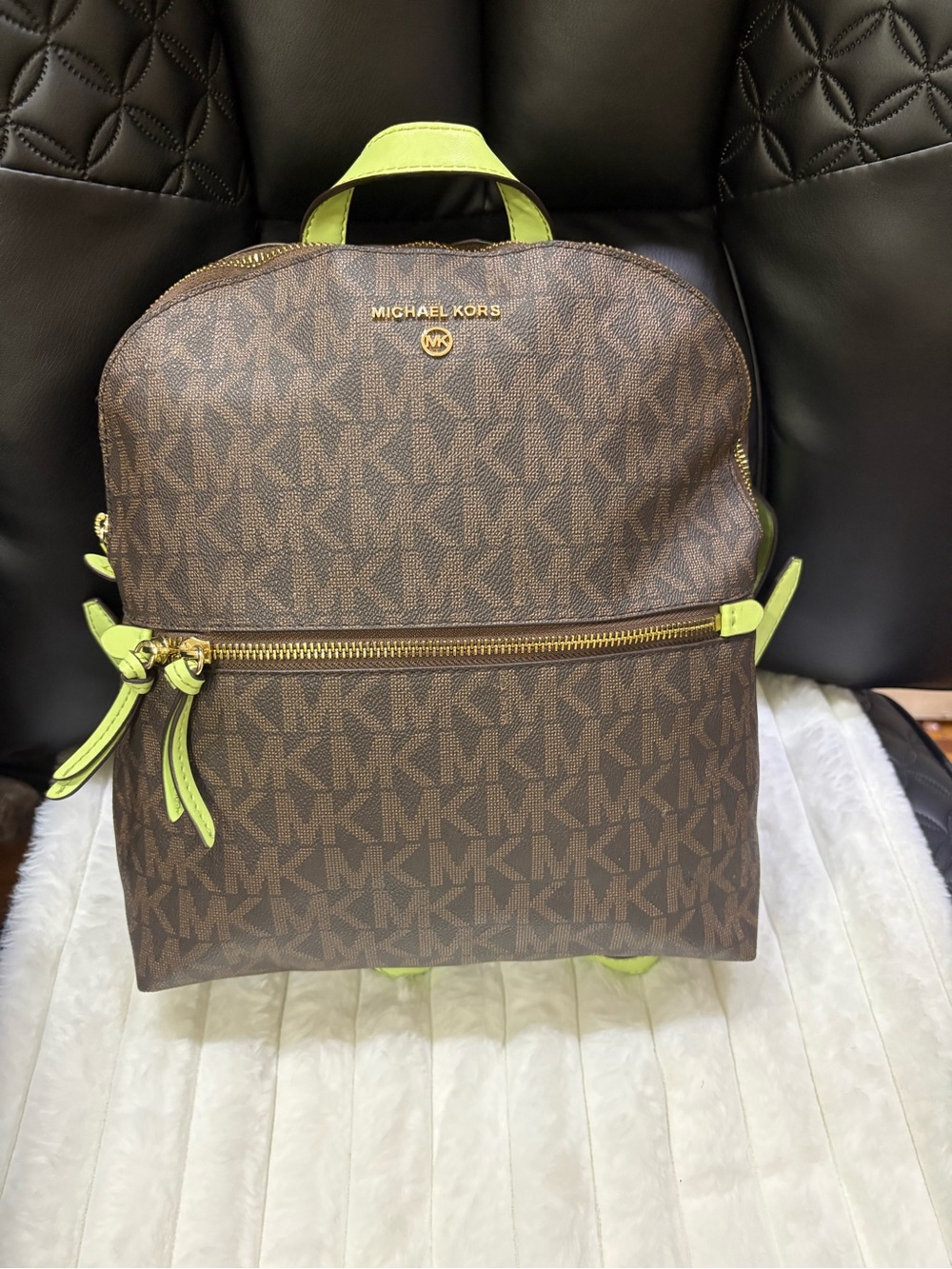 Michael Kors Brown Backpack with Lime Trim